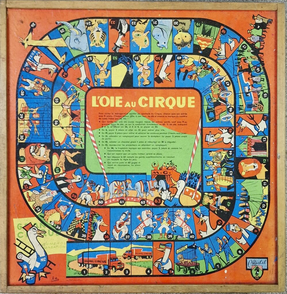 boite de jeu Claude Michel, comprenant un plateau de jeu de l'oie sur le thème du cirque