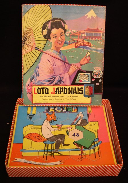 loto japonais; jeu de la tour saint Denis, illustration des cartons sur les fables de la Fontaine, 